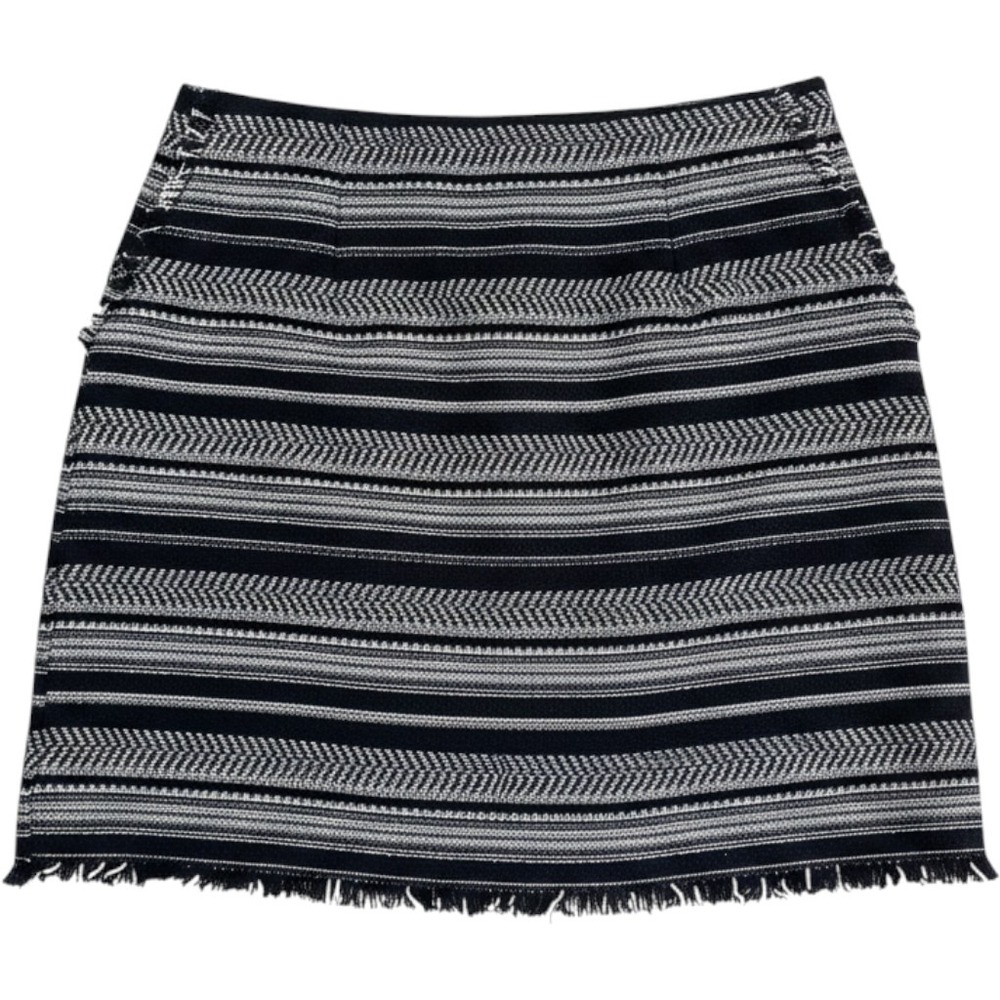 Ann Taylor LOFT Black White Herringbone Striped Fringe Tweed Mini Skirt Size 8